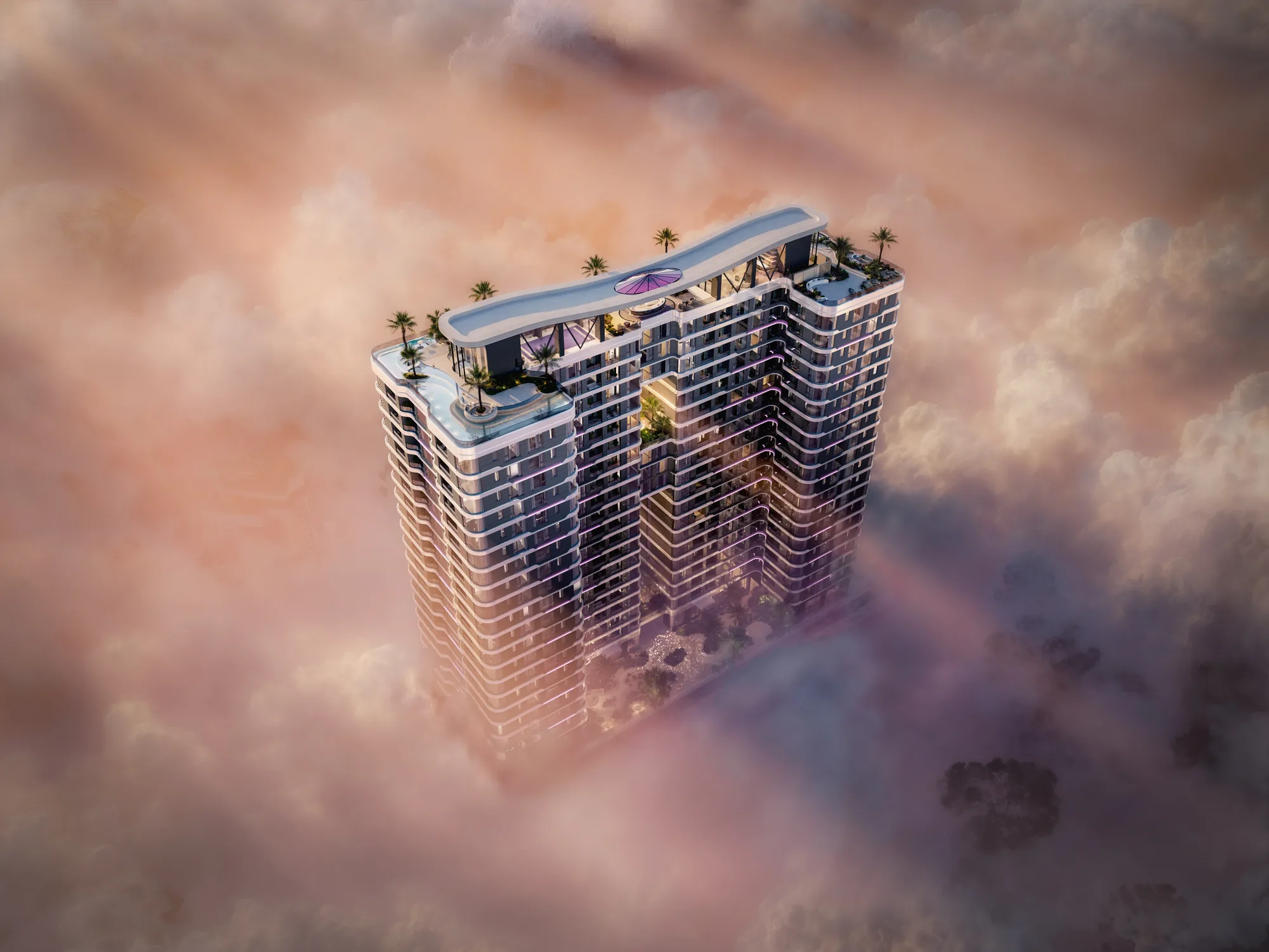 Amethyst rooftop and tower at sunset
