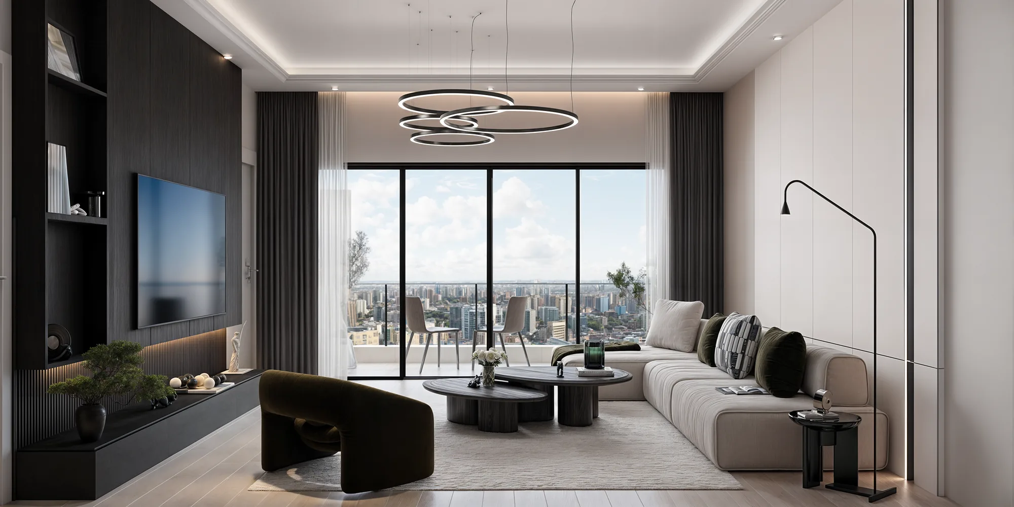 Emerald apartment living room with floor-to-ceiling windows